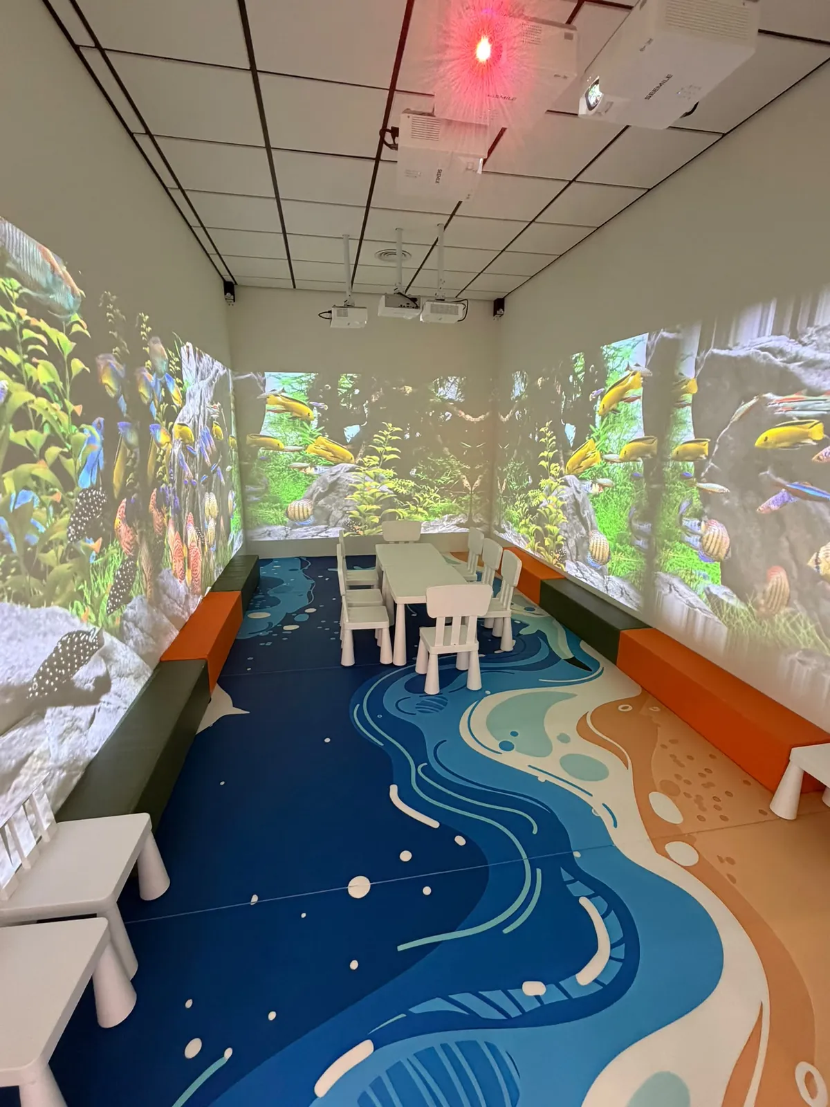 Sala de proyección de Amazing Park Sants, con imágenes de selva en las paredes y mesas para cumpleaños.